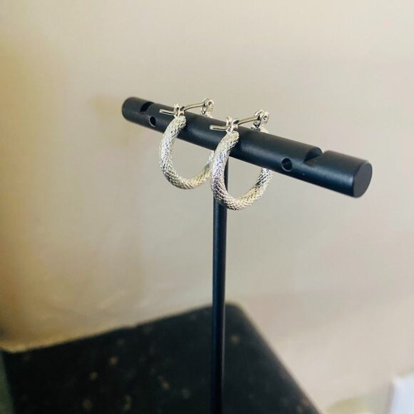 Silver Tone Textured Mini Hoop Earrings 1/2" Diameter - Picture 2 of 4